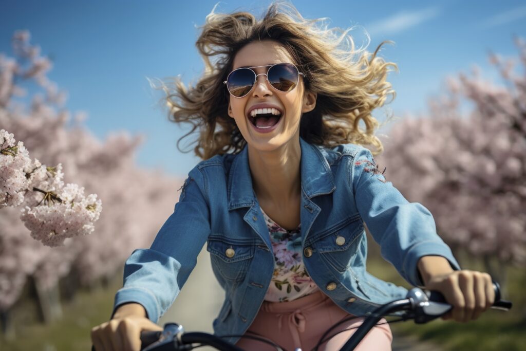 woman manifestation of happiness and riding a bike