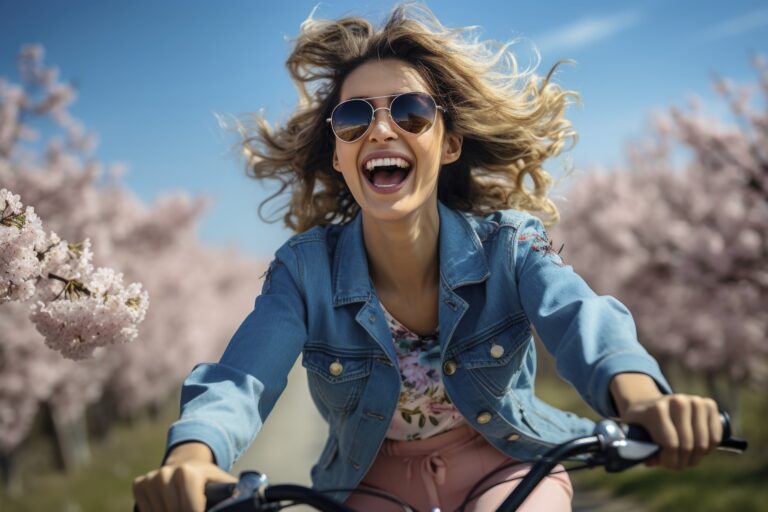 woman manifestation of happiness and riding a bike